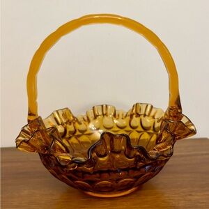 Fenton Amber Glass Basket with Ruffled Edge